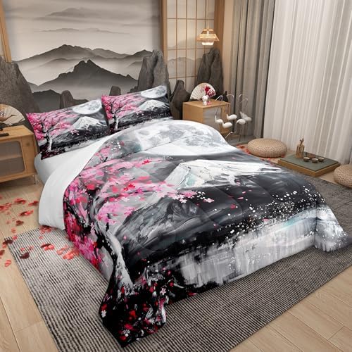 Castle Fairy Japanese Ukiyoe Comforter Set Full Size Fuji Mountain Scenery Quilt Set for Women Teens Men Home Room Decor Pink Cherry Blossoms Tree Bedding Set Retro Oil Painting Art Duvet Insert 3pcs