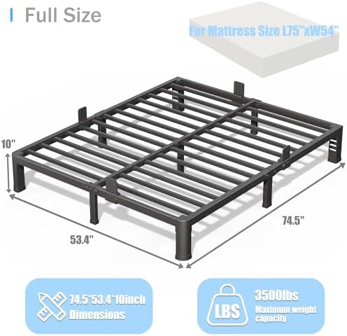 10 inch Full Size Bed Frame with Round Corner Legs and Headboard Hole Mattress Slide Stopper Low Profile Heavy Duty Metal Platform,Steel Slat Support,No Box Spring Needed,Easy Assembly,Noise Free