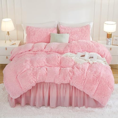 Andency Pink King Size Comforter Set, Fluffy Faux Fur Warm Bedding Set