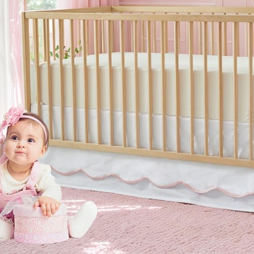 Brandream Scallop Edge Cotton Crib Skirt Toddler Bedskirt Baby Nursery Crib Bed Skirt Double Layer Boho Bohemian Neutral Solid Color Cream Off White with Pink Edge Farmhouse Chic Skirt
