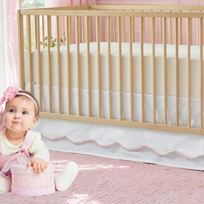 Brandream Scallop Edge Cotton Crib Skirt Toddler Bedskirt Baby Nursery Crib Bed Skirt Double Layer Boho Bohemian Neutral Solid Color Cream Off White with Pink Edge Farmhouse Chic Skirt