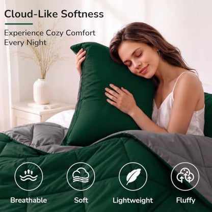downluxe Queen Comforter Set Soft Reversible 3 Pieces, Blackish Green/Gray