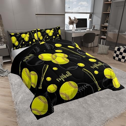 Castle Fairy White Softball Comforter Set,Yellow Softball Bat Bedding Set for Kids Girls Boys,Teens Adults Sports Softball Comforter,Ball Games Quilted Duvet Set Bedroom Collection Twin Size 2Pcs