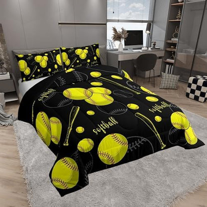 Castle Fairy White Softball Comforter Set,Yellow Softball Bat Bedding Set for Kids Girls Boys,Teens Adults Sports Softball Comforter,Ball Games Quilted Duvet Set Bedroom Collection Twin Size 2Pcs