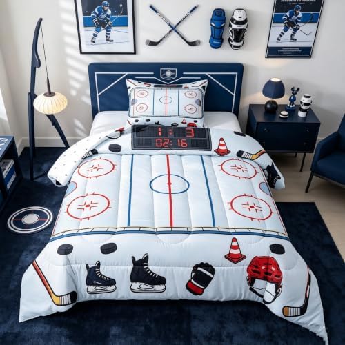 Castle Fairy Ice Hockey Rink Comforter Set Twin Size,Ice Skates Helmet Glove Bedding Sets 2Pcs for Kids Girls Boys Teens Room Decor,Cartoon Quilted Duvet Sport Theme Down Comforter,1 Pillowcase