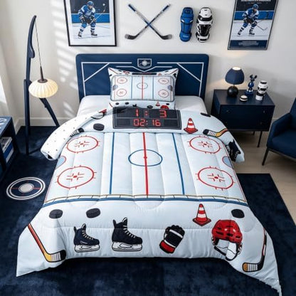 Castle Fairy Ice Hockey Rink Comforter Set Twin Size,Ice Skates Helmet Glove Bedding Sets 2Pcs for Kids Girls Boys Teens Room Decor,Cartoon Quilted Duvet Sport Theme Down Comforter,1 Pillowcase
