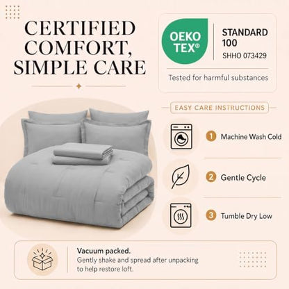 CozyLux Full Size Comforter Set Light Grey, 7 Pieces Bed in a Bag