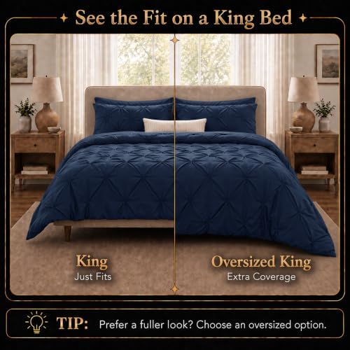 CozyLux King Size Comforter Set Navy, 7 Pieces Pintuck Bed in a Bag