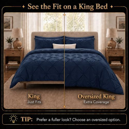 CozyLux King Size Comforter Set Navy, 7 Pieces Pintuck Bed in a Bag
