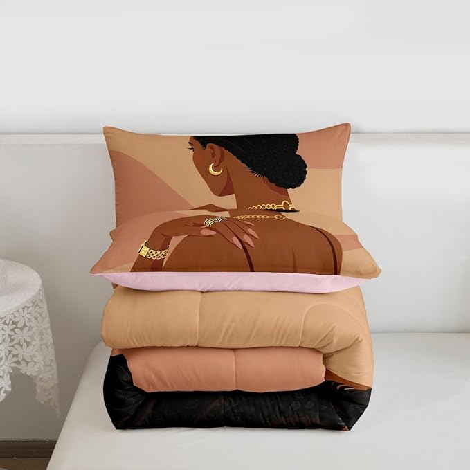 Erosebridal Fashion Black Woman Comforter Set King Size 3 Piece Romantic Makeup Themed Girls Bedding Set Fashionable Gorgeous Down Comforter Vogue Afro Girls Duvet Insert for Kids Teens Adult Bedroom