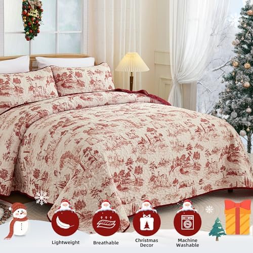 Drucon Queen Red Quilt Set,Christmas Toile Lightweight Bedspreads Coverlet Bedding Set,Soft Microfiber Quilt Bed Cover for All Season - 3 Piece (1 Quilt,2 Pillow Shams)