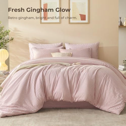 Litanika Blush Pink Gingham Queen Comforter Set 7 Pieces