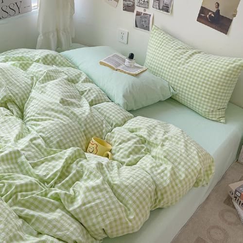 LifeTB Queen Comforter Set Green Gingham Bedding Comforter Set 3 Pieces Brown Grid Bed Comforter with 2 Pillowcases Vintage Checkered Plaid Comforter Fluffy Soft Farmhouse Grid Bedding Set