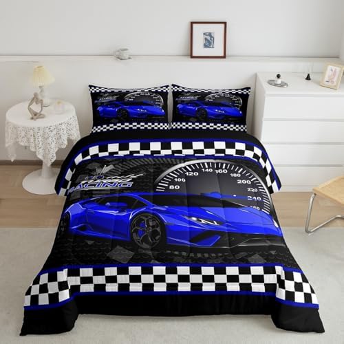 Feelyou Race Car Duvet Quilt Full Size Blue Speed Sports Car Bedding Set for Kids Boys Girls Decor Automobile Bedding Set Breathable Soft Lightweight Microfiber Extreme Sports Bedroom Decor