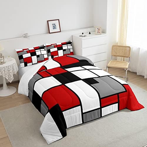 Gray Black Red White Square Comforter Set Queen Boys Teens Geometric Grid Room Decor Fashion Color Bedding Set,Soft Lightweight Modern Abstract Duvet,Youth Young Man Quilt,1 Comforter + 2 Pillowcase