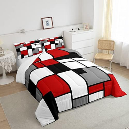 Gray Black Red White Square Comforter Set Queen Boys Teens Geometric Grid Room Decor Fashion Color Bedding Set,Soft Lightweight Modern Abstract Duvet,Youth Young Man Quilt,1 Comforter + 2 Pillowcase