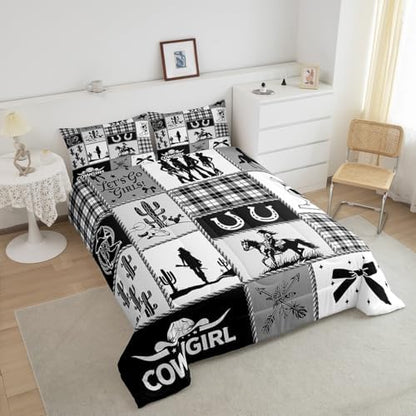 Western Cowgirl Girly Comforter Set King Size,Cactus Horseshoes Cow Skull Boot Rustic Bedding Set,Girls Women Room Decor,Bow Arrow Plaids Patchwork Down Comforter,Black Duvet Insert,2 Pillowcases