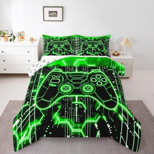 Feelyou Kids Green Gamer Comforter Set Toddler Size, Honeycomb Gaming Bedding Set Boys Girls Modern Game Console Comforter Game Teens Duvet Set Bedroom Decor 2Pcs