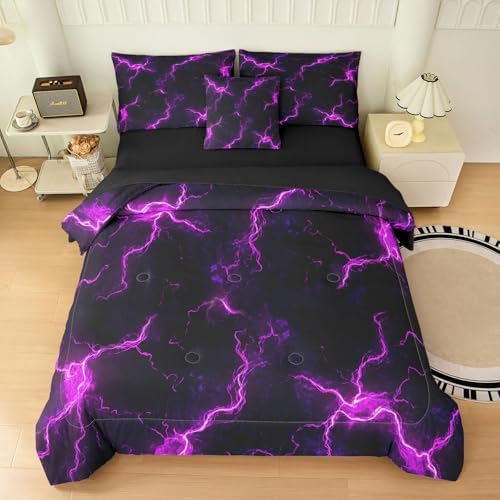 6pcs Lightning Comforter Set for Boys,Twin Size Bedding Sets for Teen,Kids Comforter Set with 1 Quilt+1 Flat Sheet+1 Fitted Sheet+2 Pillowcases+1 Cushion Cover(Lightning-A Twin)