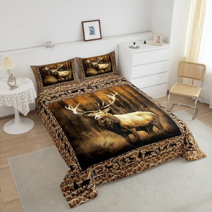 Manfei Deer Comforter Set Full Size, Wild Animal Theme Bedding Set 3pcs for Kids Boys Teens Bedroom Decor, Black Elk Bear Wolf Trees Quilt Set Wildlife Hunting Duvet Set with 2 Pillowcases
