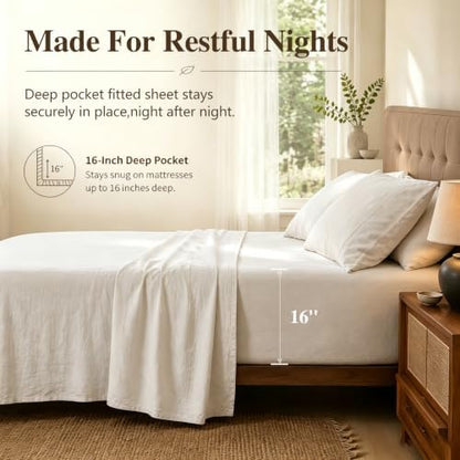 MEISHANG 100% French Linen Sheets California King,4 Pcs,16" Deep Pocket