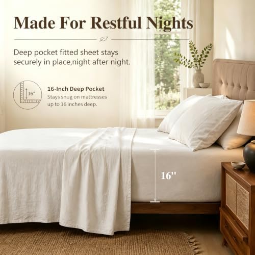 MEISHANG 100% French Linen Sheets Queen,4 Pcs,16" Deep Pocket
