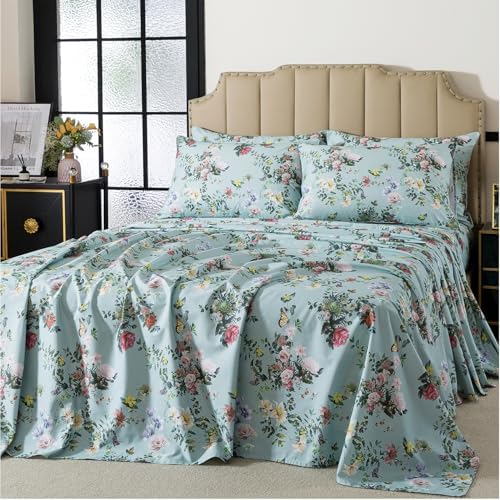 FADFAY Full Size Sheet Set 4-Piece, 100% Cotton Mint Green Floral Bedding, Soft & Breathable Vintage Botanical Style, Deep Pocket Fitted Sheet, All-Season Cozy Bed Sheet Set