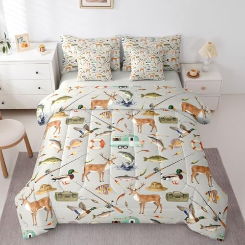 Erosebridal Hunting and Fishing 7 Piece Bed in A Bag Twin Mallard Duck Deer Hunting Comforter Set Bass Fish Camper Car Bedding Sets for Kids Boys Girls Rustic Cabin Wild Gray Sheet Set with Comforter