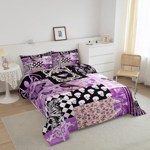 Gothic Crow Comforter Set Queen Size,Halloween Skull Bedding Sets 3Pcs for Kids Teens Woman Men Room Decor,Purple Rose Flower Candles Quilted Duvet Patchwork Grid Plaid Down Comforter,2 Pillowcases