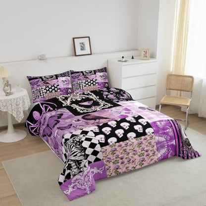 Gothic Crow Comforter Set Queen Size,Halloween Skull Bedding Sets 3Pcs for Kids Teens Woman Men Room Decor,Purple Rose Flower Candles Quilted Duvet Patchwork Grid Plaid Down Comforter,2 Pillowcases