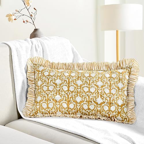 CPC Block Print Mustard Regal Ruffle Cotton Lumbar Pillow Cover 12x20 inch
