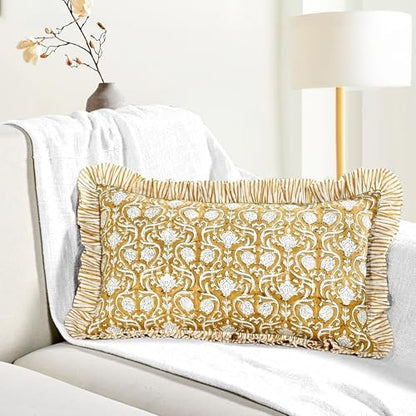 CPC Block Print Mustard Regal Ruffle Cotton Lumbar Pillow Cover 12x20 inch