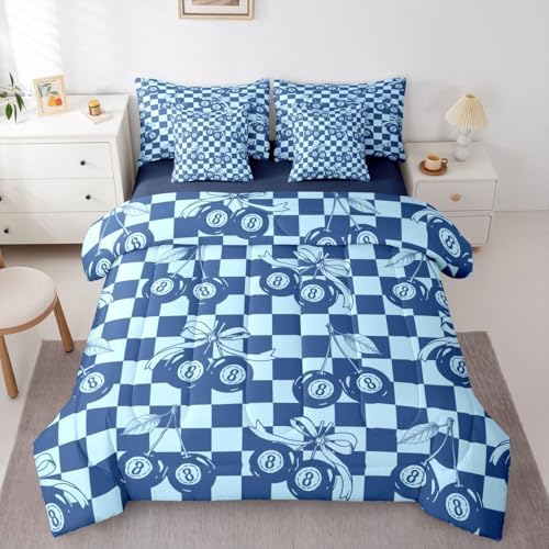 Erosebridal Navy Blue Boys King Bedding Set 7 Piece Fashion Y2K Lucky 8 Ball Comforter Set for Kids Teen Adults,Cute Cherry Bow Bed in A Bag with Sheets Preppy Aesthetic Geometric Plaid Bed Set