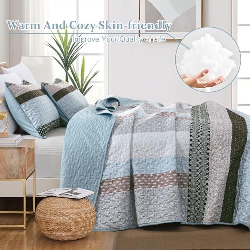 WONGS BEDDING Boho Quilt Queen Size, Patchwork Bedding Set, Blue Brown