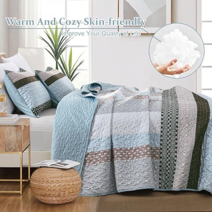 WONGS BEDDING Boho Quilt Queen Size, Patchwork Bedding Set, Blue Brown