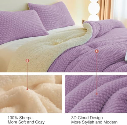 LLanCL 3D Jacquard Design Comforter Set, Ultra-Soft Warm Twin Size Sherpa Fur Plush 2-Pieces Sets Luxury Cozy Bedding with 1 Pillowcase (68"x90", Lavender Purple)