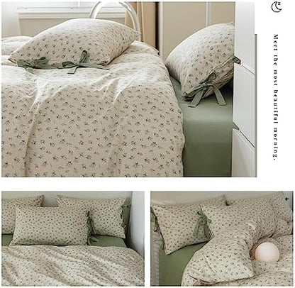 mixinni Country Style Duvet Cover Full Size - Cottagecore Green Floral Vintage Bedding 3PC with Bow Ties Pillowcases, 100% Cotton Soft Aesthetic Boho Comforter Cover for Girls-Full Size