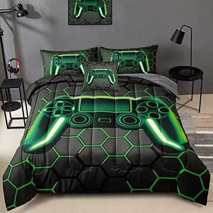 BDUCOK 6 Piece Gamer Comforter Bed in A Bag Sets for Boys Teen Kids,Honeycomb Gaming Bedding Sets Gamepad Comforter Microfiber Bed Set for All Season Gamer Home Decor(Green, 6 Piece Sets30021-Full)