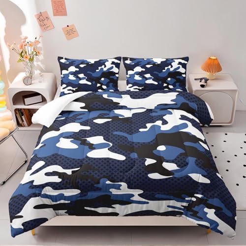 Nttopship Blue Camo Bedding Set Twin Size,Blue and White Camou Camouflage Comforter Set 3Pcs,All Season Lightweight Bedspread for Boy Kids Teens Adults with 2 Pillowcases