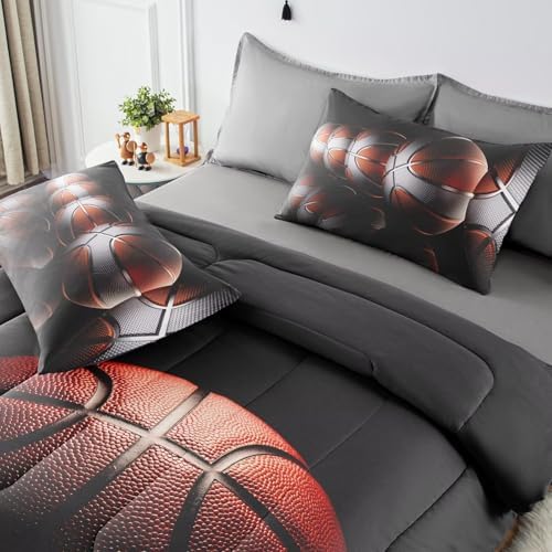Teens Boys Sports Comforter Set Queen,Basketball Bedding Set for Kids,Sports Orange Basketball Comforter Sets,Black Teenage Boy Bedroom Bed Set 3 Pieces with Pillowcases