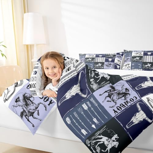 Manfei Cowboy Comforter Set Twin Size, Horse Bull Skull Cowboy Boots Hat Bedding Set 2pcs, Kids Boys Teens Room Decor, Boho Navy Blue Lattice Patchwork Down Comforter Western Quilt Set, 1 Pillowcase