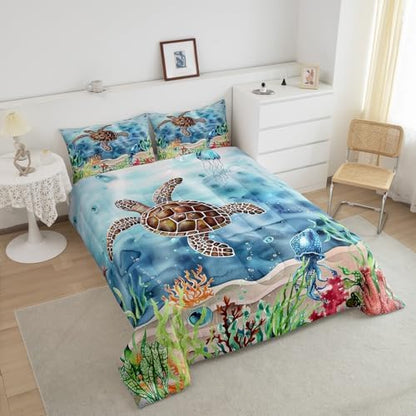 Sea Turtle Comforter Set Twin Size Ocean Themed Bedding for Boys Ghirls Marine Animals Bedding Comforter Sets Sea Horse Octopus Jellyfish Print Duvet Insert 2 Pcs Seaweed Decor Turtle Quilt