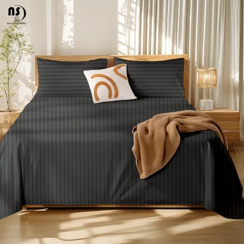 NON Sticky cotton King 4 Piece Sheet Set, 100% Long Staple Cotton, Soft Cooling Hotel Luxury Bedding Sheets, Deep Pocket Fits 10" to 18" Mattress, 78" x 80", Dark Grey Stripe