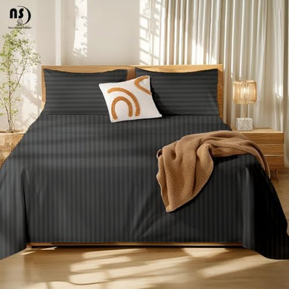 NON Sticky cotton King 4 Piece Sheet Set, 100% Long Staple Cotton, Soft Cooling Hotel Luxury Bedding Sheets, Deep Pocket Fits 10" to 18" Mattress, 78" x 80", Dark Grey Stripe