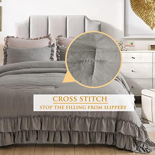 Masaca Grey Shabby Comforter Set Queen,Farmhouse Rustic Microfiber Bedding Ruffled Comforter Set,Vintage Gray Ruffle Comforter for Queen Bed Fluffy Aesthetic Bedding 3 Pieces