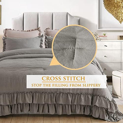 Masaca Grey Shabby Comforter Set Queen,Farmhouse Rustic Microfiber Bedding Ruffled Comforter Set,Vintage Gray Ruffle Comforter for Queen Bed Fluffy Aesthetic Bedding 3 Pieces