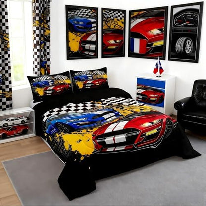 Castle Fairy Racing Car Comforter Set,Cool Sports Car Bedding Set for Kids Girls Women,Adults Race Car Competition Comforter,Extreme Sports Quilted Duvet Set Bedroom Collection Twin Size 2Pcs