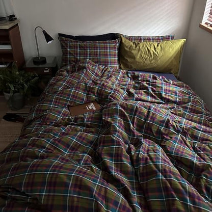 Vintage Multicolor Plaid Duvet Cover Twin XL, 3 Piece Retro Buffalo Plaid Checkered Comforter Cover, 100% Washed Cotton Soft Breathable Duvet Cover with 2 Pillowcases Farmhouse Grid Bedding Set