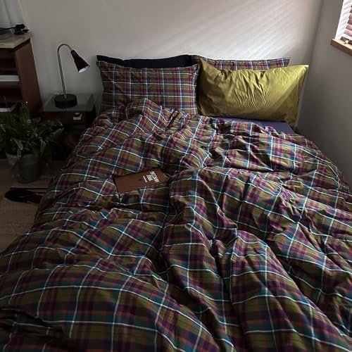 LifeTB Vintage Multicolor Plaid Duvet Cover Queen, 3 Piece Retro Buffalo Plaid Checkered Comforter Cover, 100% Washed Cotton Soft Breathable Duvet Cover with 2 Pillowcases Farmhouse Grid Bedding Set