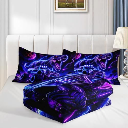 HOSIMA Neon Dinosaur Truck King Bedding Set for Boys with 2 Pillowcases.